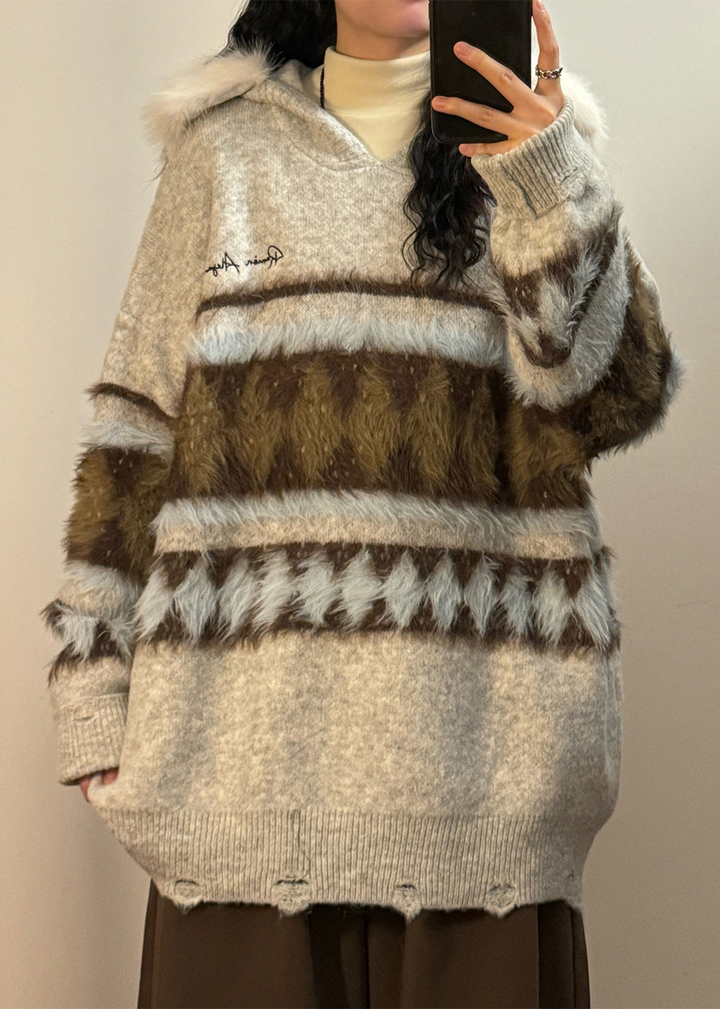 Original Grey Hooded Hole Fluffy Patchwork Knit Sweater Winter