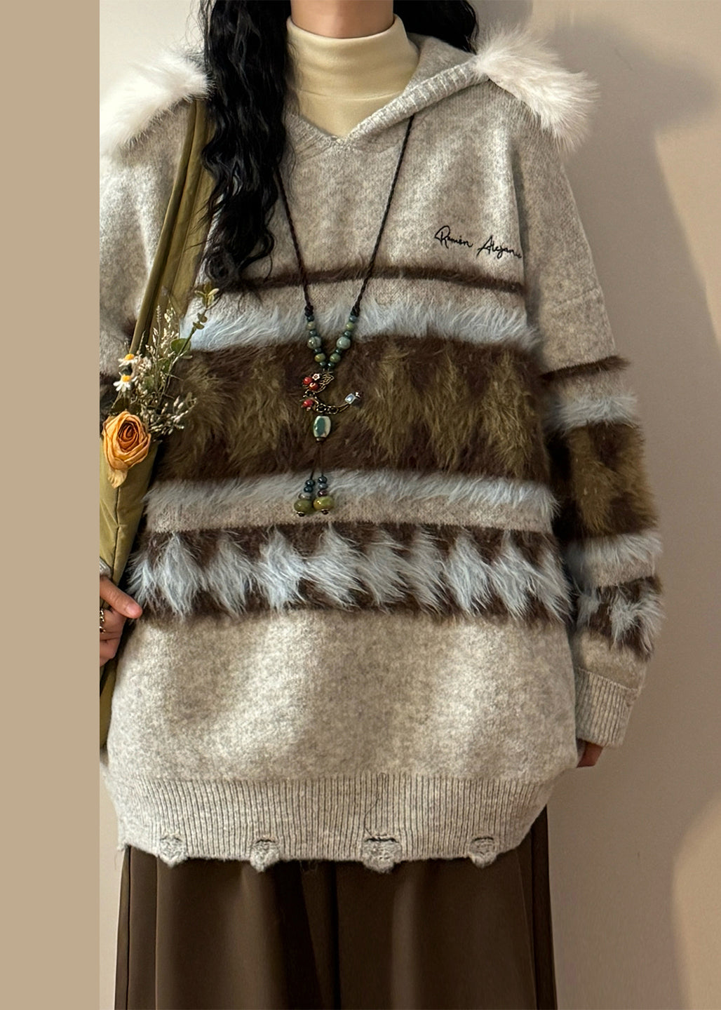 Original Grey Hooded Hole Fluffy Patchwork Knit Sweater Winter