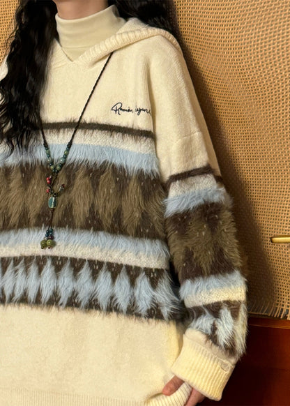 Original Grey Hooded Hole Fluffy Patchwork Knit Sweater Winter