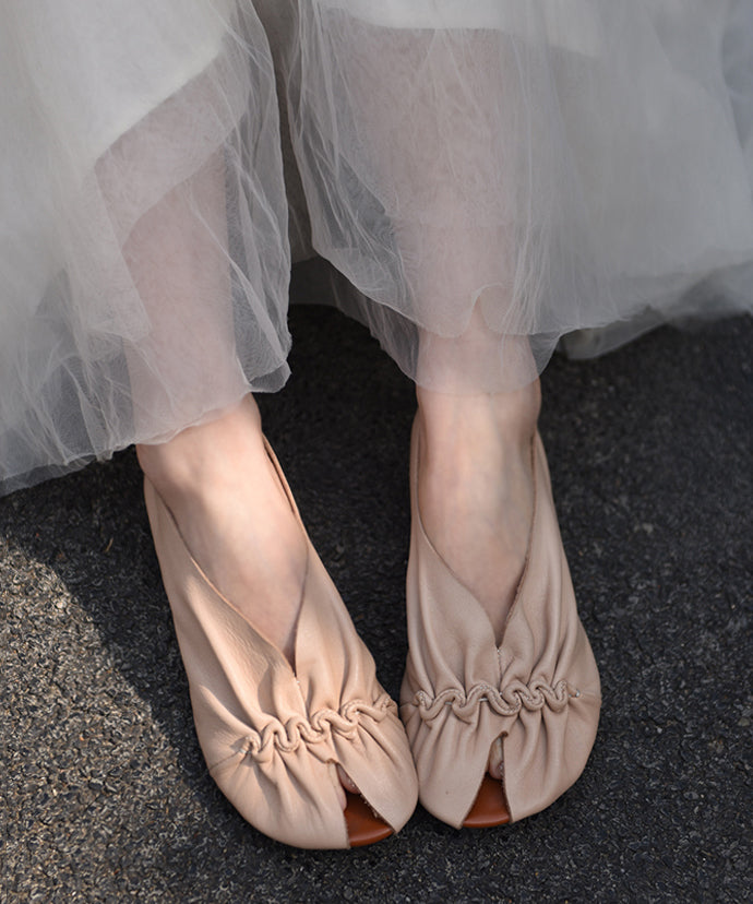 Original Handmade Apricot Cowhide Leather Pleated Fish Mouth Sandals