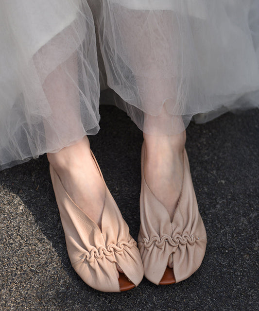 Original Handmade Apricot Cowhide Leather Pleated Fish Mouth Sandals