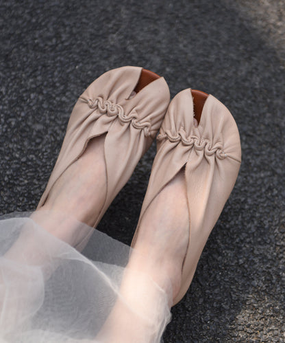 Original Handmade Apricot Cowhide Leather Pleated Fish Mouth Sandals