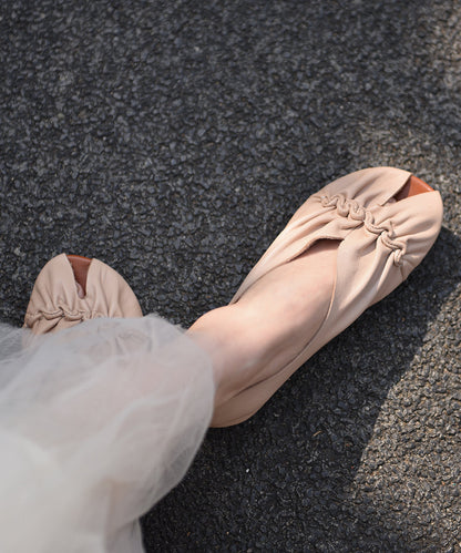 Original Handmade Apricot Cowhide Leather Pleated Fish Mouth Sandals