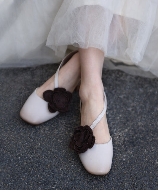 Original Handmade Beige Flower Cowhide Leather Flat Sandals