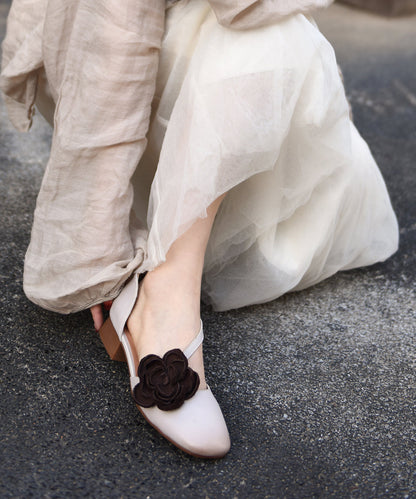 Original Handmade Beige Flower Cowhide Leather Flat Sandals