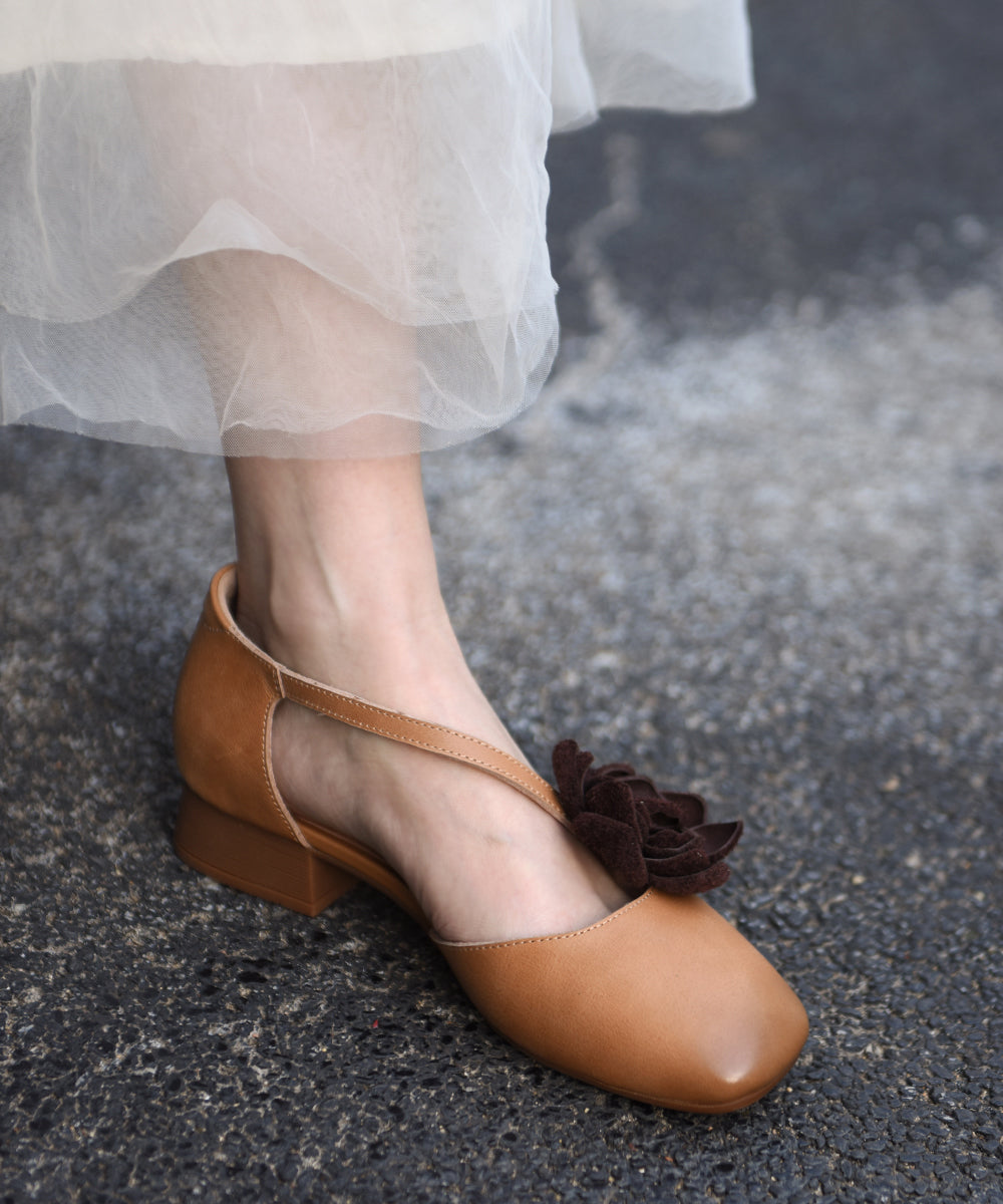 Original Handmade Beige Flower Cowhide Leather Flat Sandals