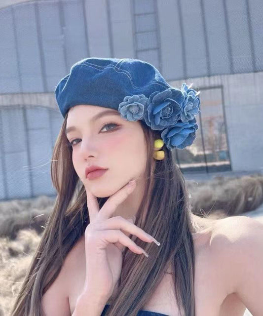 Original Handmade Flower Denim Beret Hat