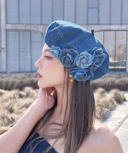 Original Handmade Flower Denim Beret Hat
