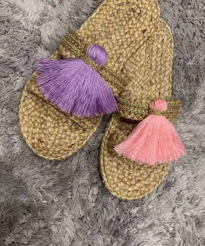 Original handgefertigte, bequeme, atmungsaktive Strand-Sandalen mit grüner Quaste
