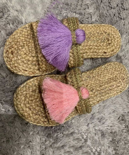 Original handgefertigte, bequeme, atmungsaktive Strand-Sandalen mit grüner Quaste