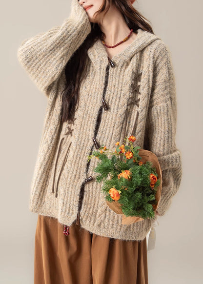 Original Khaki Hooded Button Cozy Knit Coat Spring