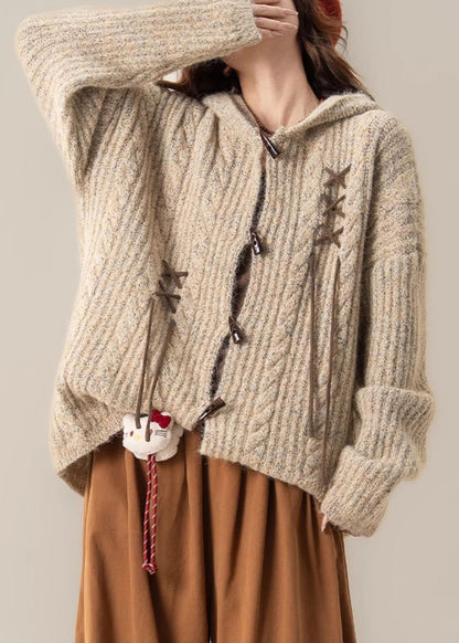 Original Khaki Hooded Button Cozy Knit Coat Spring