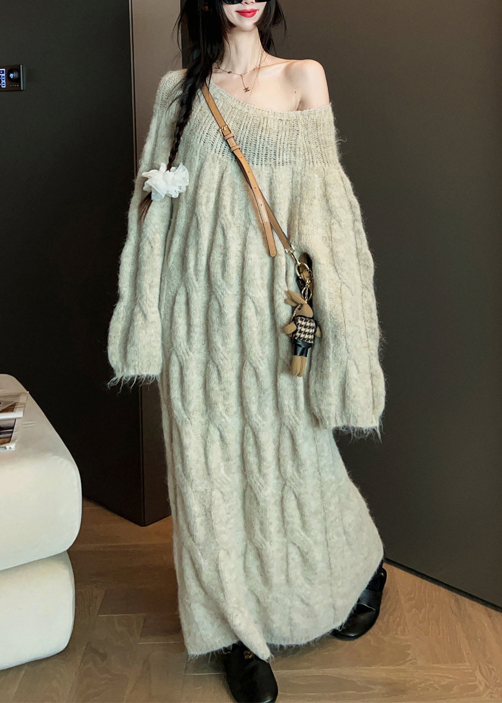 Original Khaki O Neck Hollow Out Solid Knit Sweater Dress