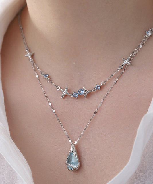 Original Light Blue Copper Alloy Gem Stone Water Droplet Pendant Necklace