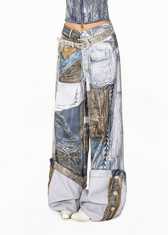 Original Light Blue Print Patch Wide Leg Pants Summer