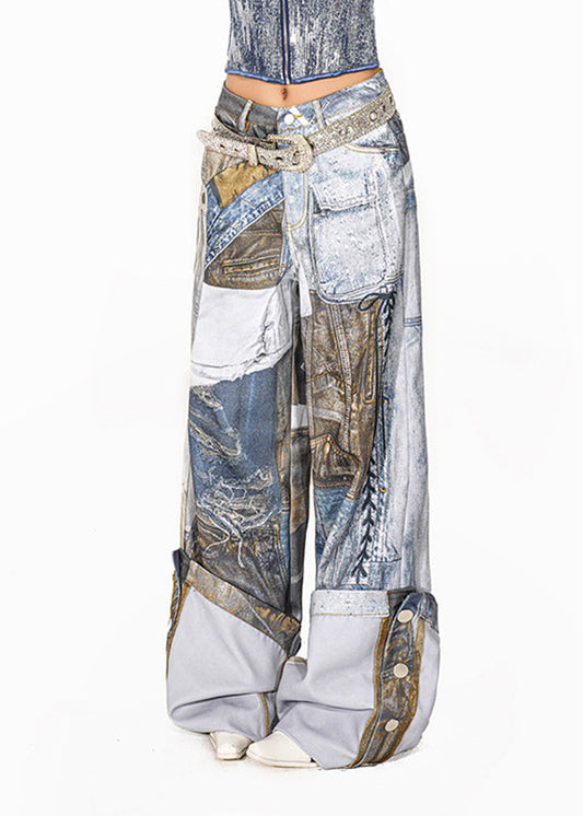 Original Light Blue Print Patch Wide Leg Pants Summer