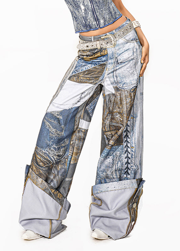 Original Light Blue Print Patch Wide Leg Pants Summer
