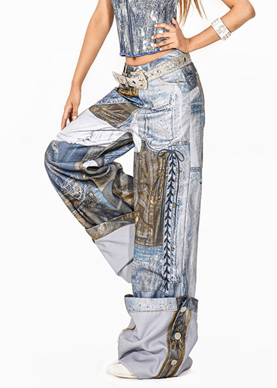 Original Light Blue Print Patch Wide Leg Pants Summer