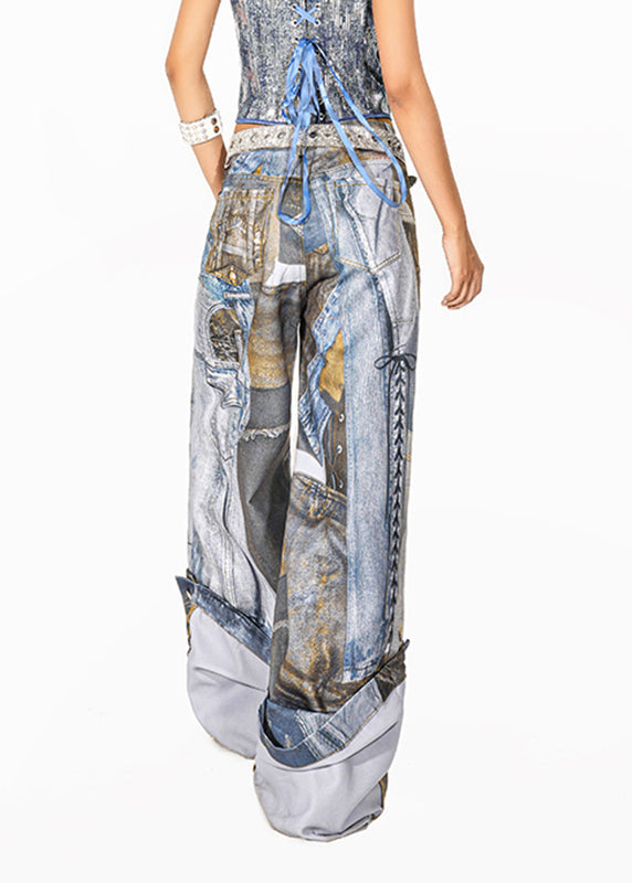 Original Light Blue Print Patch Wide Leg Pants Summer