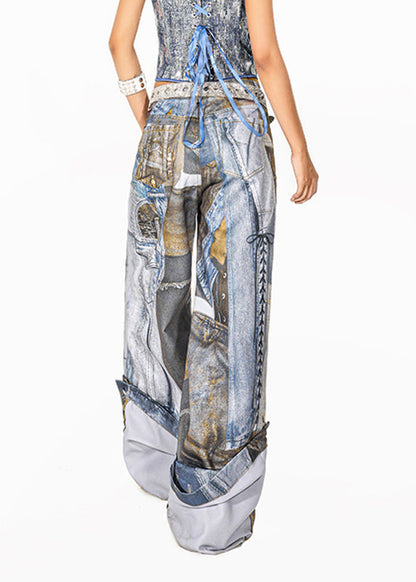Original Light Blue Print Patch Wide Leg Pants Summer