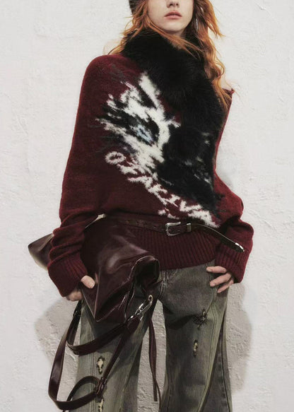 Strickpullover mit Katzenmuster und V-Ausschnitt aus Kunstnerzfell von Mulberry