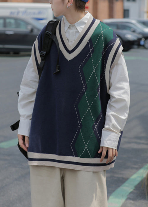 Original Navy V Neck Plaid Patchwork Knit Men Vest Sleeveless