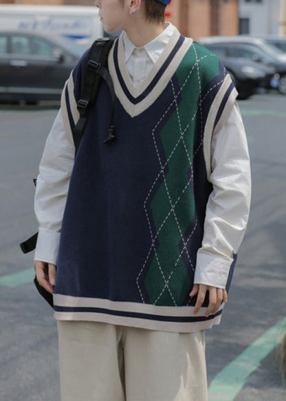 Original Navy V Neck Plaid Patchwork Knit Men Vest Sleeveless