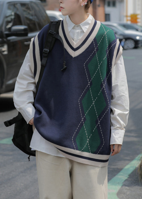 Original Navy V Neck Plaid Patchwork Knit Men Vest Sleeveless