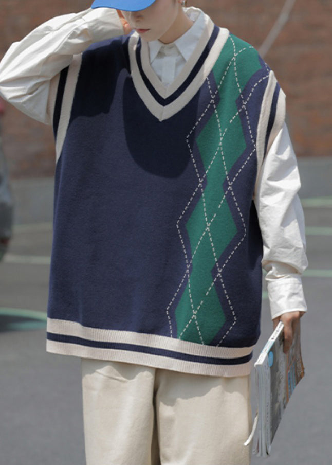 Original Navy V Neck Plaid Patchwork Knit Men Vest Sleeveless