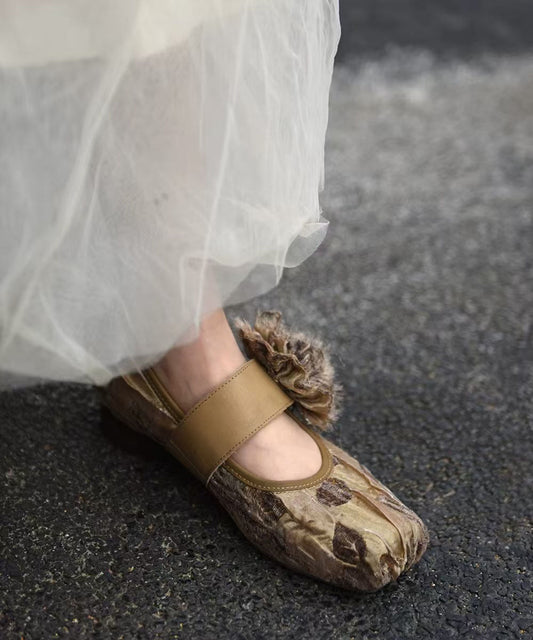 Original New Chinese Style Black Square Head Flower Chunky Heel Shoes