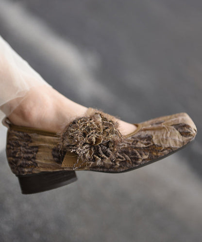 Original New Chinese Style Black Square Head Flower Chunky Heel Shoes