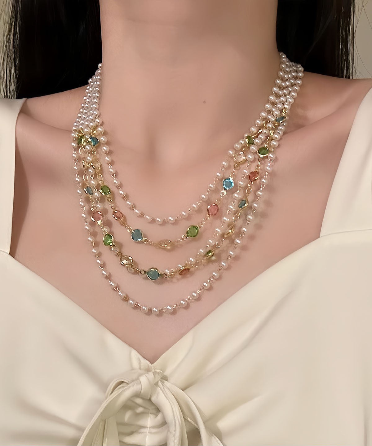 Collar original de cuentas multicapa con cristales dorados de cobre arcoíris