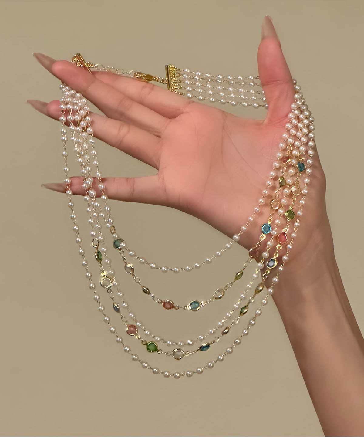 Collar original de cuentas multicapa con cristales dorados de cobre arcoíris