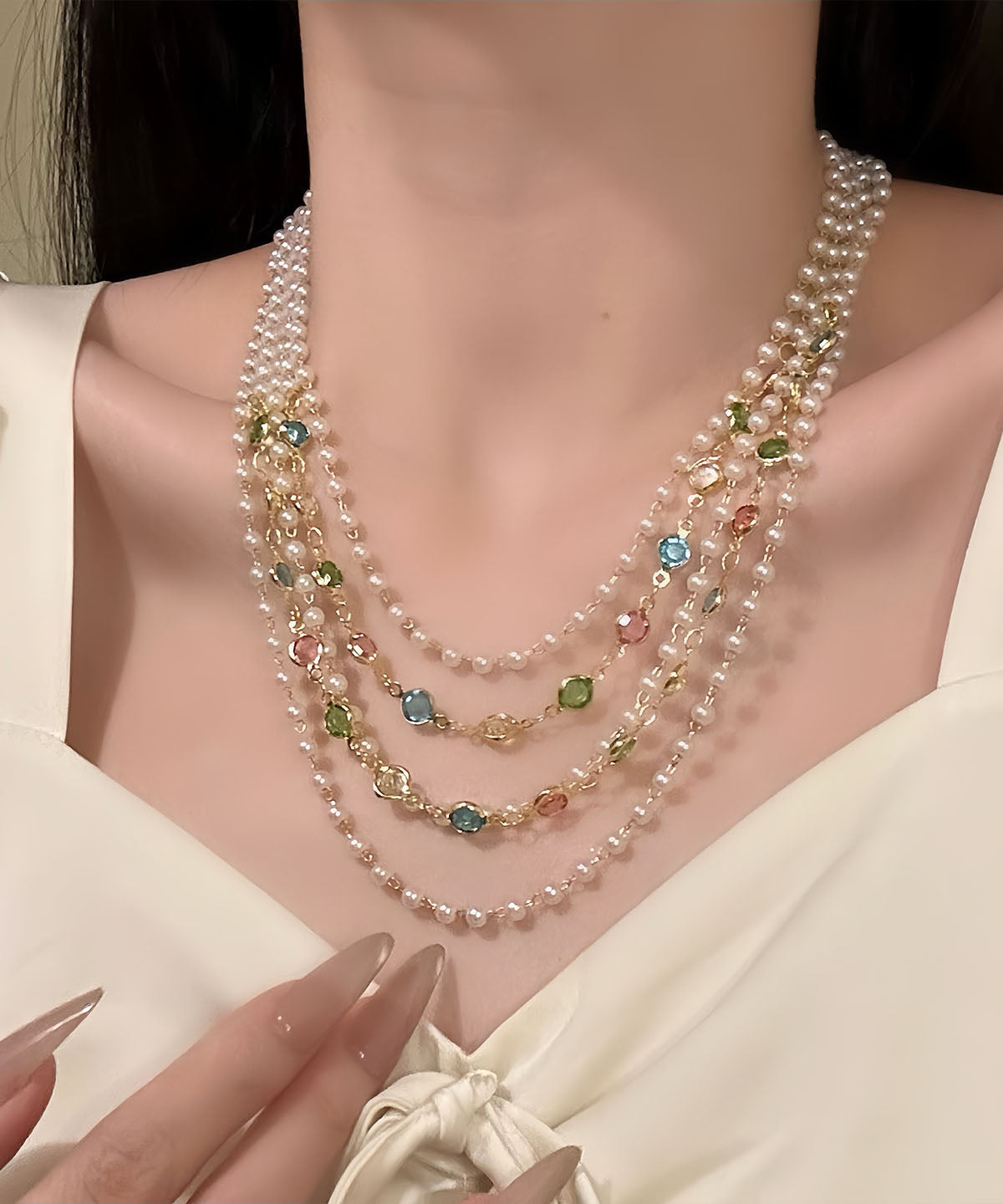 Collar original de cuentas multicapa con cristales dorados de cobre arcoíris