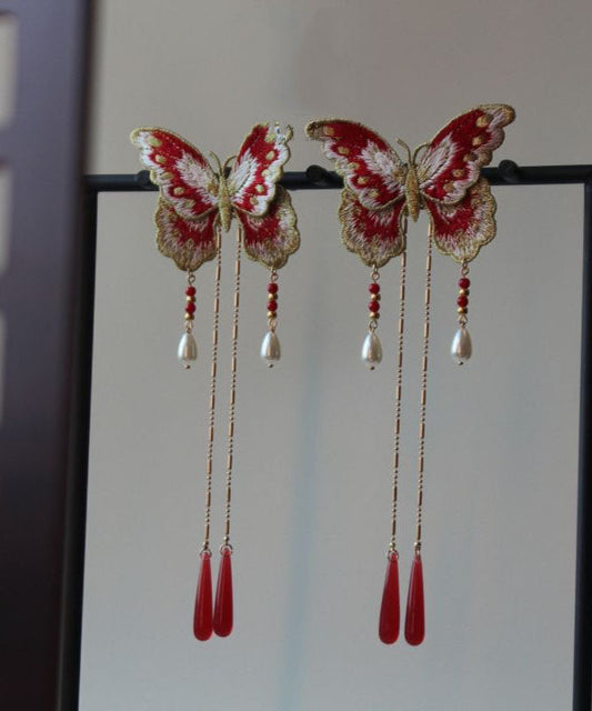 Originale rote Haarnadel aus Sterlingsilber mit vergoldeter Schmetterlingsquaste und Stickerei.