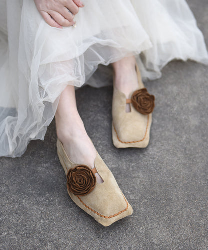 Original Retro Apricot Flower Square Toe Suede Flat Shoes