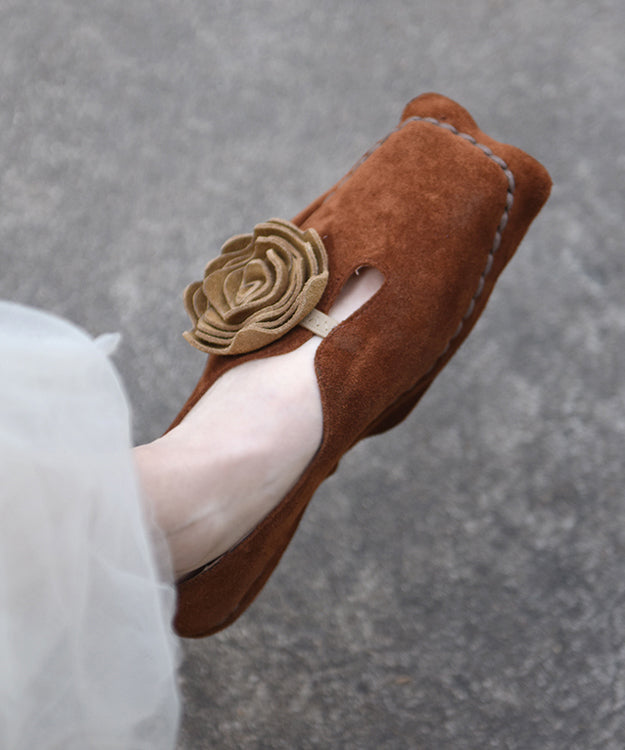 Original Retro Apricot Flower Square Toe Suede Flat Shoes