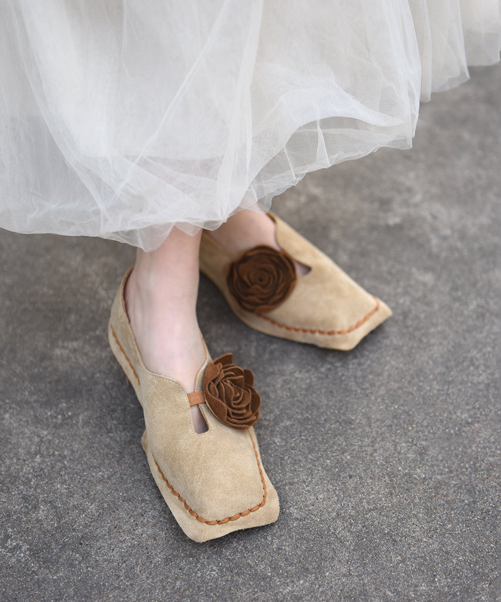 Original Retro Apricot Flower Square Toe Suede Flat Shoes