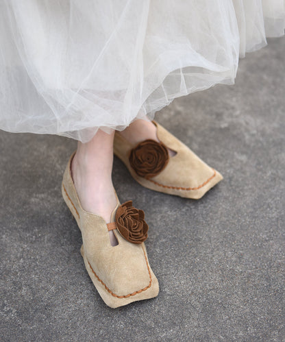 Original Retro Apricot Flower Square Toe Suede Flat Shoes