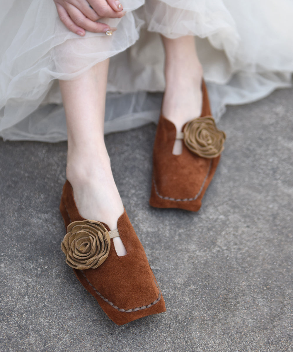 Original Retro Apricot Flower Square Toe Suede Flat Shoes