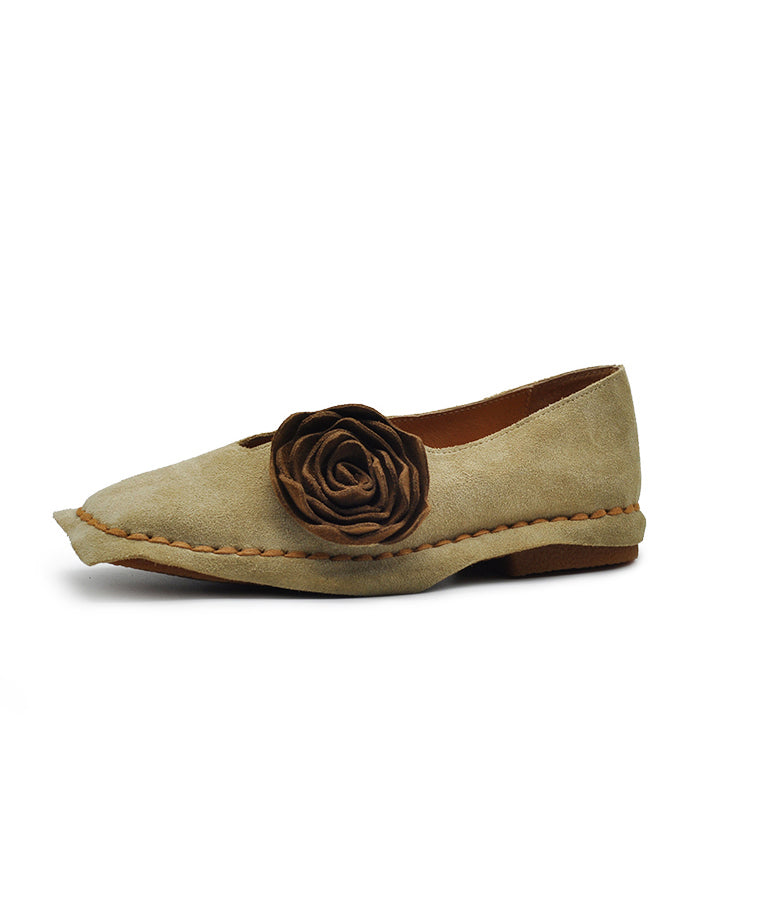 Original Retro Apricot Flower Square Toe Suede Flat Shoes