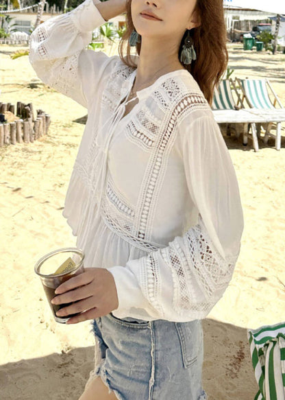 Original White Hollow Out Lace Up Cotton Shirt Fall