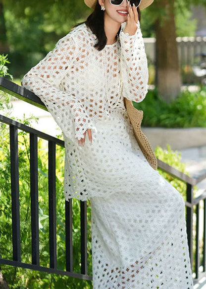 Original White Hollow Out Solid Two Piece Set Fall