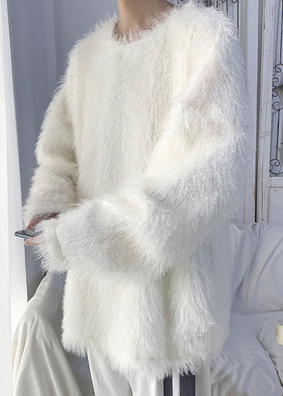 Original White O Neck Solid Mink Hair Knitted Men Sweater Tops Winter