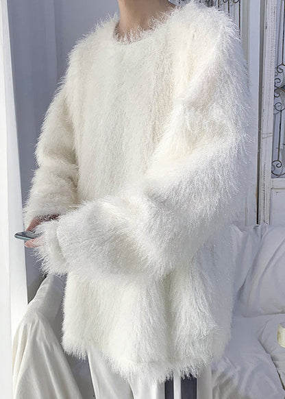 Original White O Neck Solid Mink Hair Knitted Men Sweater Tops Winter