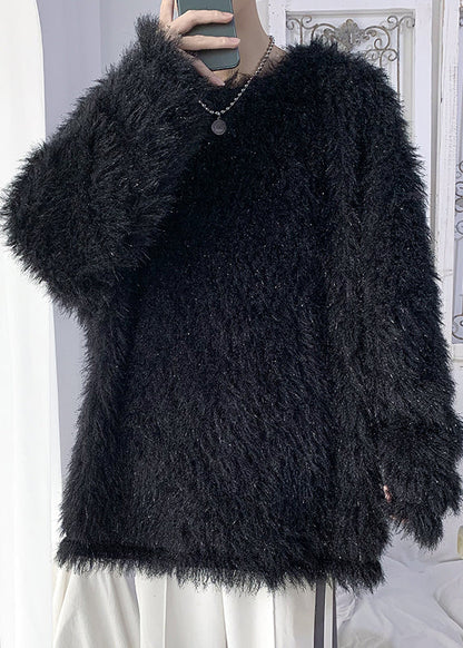 Original White O Neck Solid Mink Hair Knitted Men Sweater Tops Winter