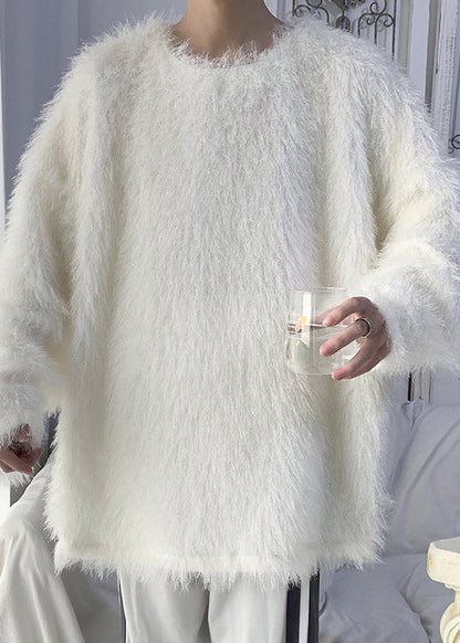 Original White O Neck Solid Mink Hair Knitted Men Sweater Tops Winter