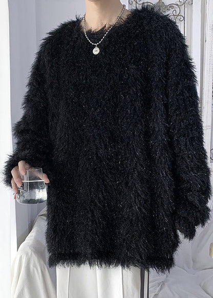 Original White O Neck Solid Mink Hair Knitted Men Sweater Tops Winter