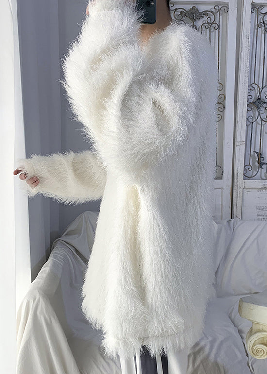 Original White O Neck Solid Mink Hair Knitted Men Sweater Tops Winter