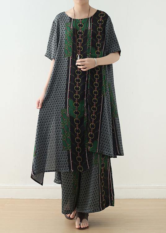 Original Women's Vintage Green Print Irregular Silk Top T-Shirt And Wide Leg Pants Two-Piece Set - SooLinen